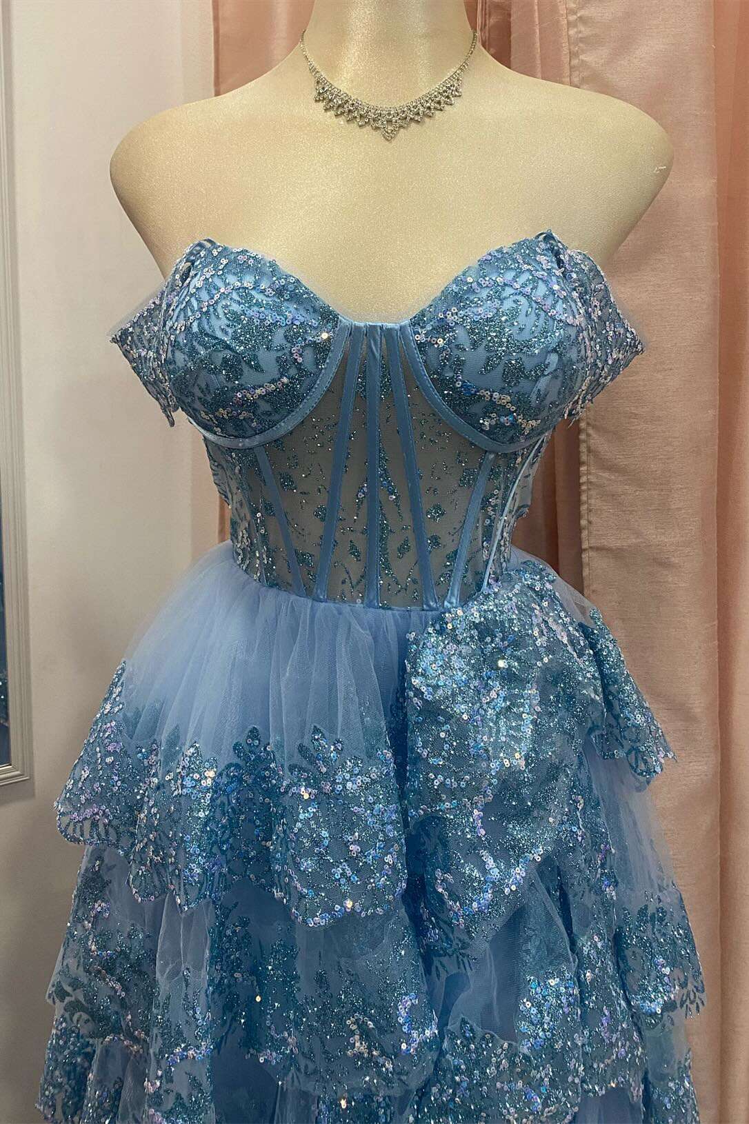 Vestido Weitese con hombros descubiertos, lentejuelas azules, volantes, largo escalonado, vestido de fiesta